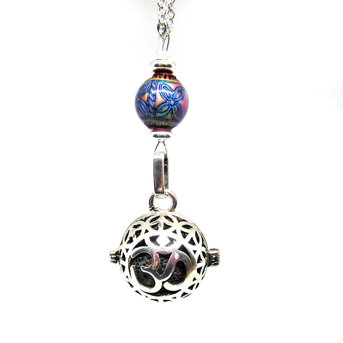 Close-up of the Namaste Symbol Color Changing Essential Oil Diffusing Zen Chamber Necklace, highlighting the essential oil chamber feature.