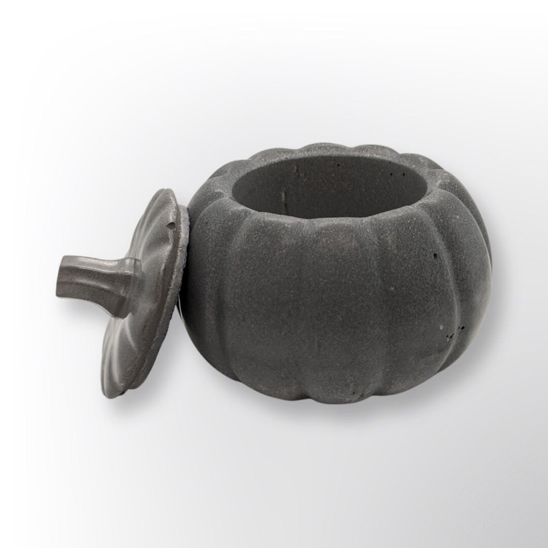 Concrete Pumpkin Jar with Lid | Halloween Candy Dish | Modern Fall Candle Vessel | Cement Pumpkin Trinket Box | Autumn Jewelry Storage