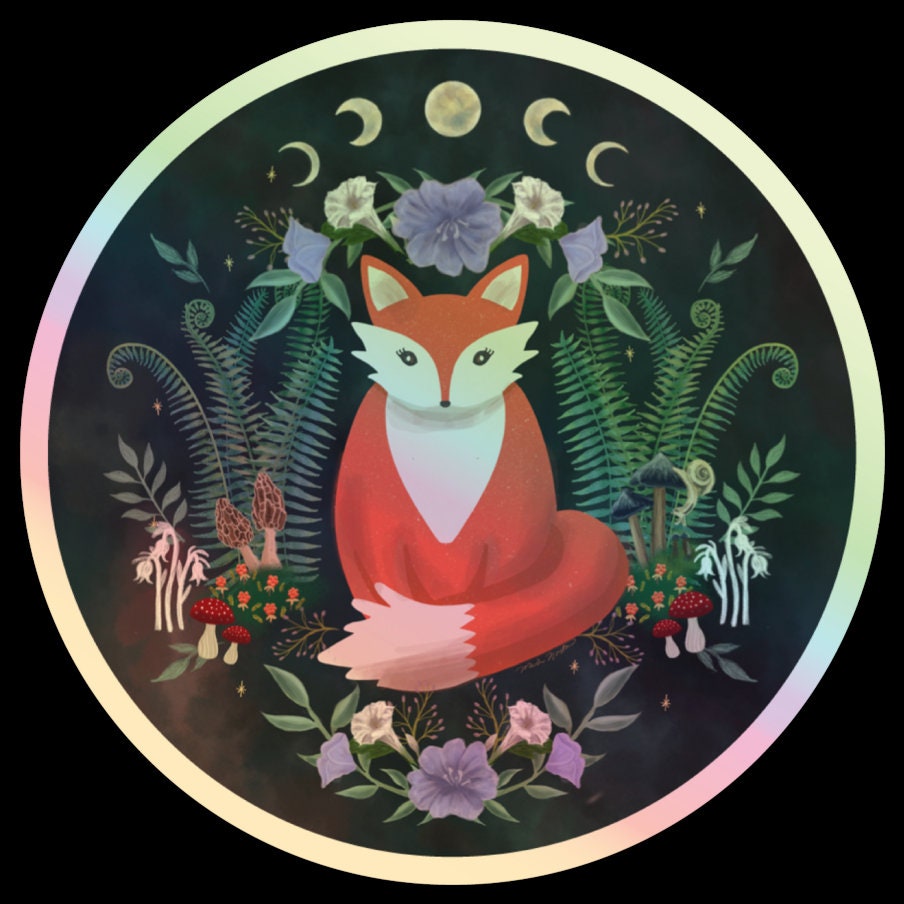 Woodland Fox Holographic Sticker | Moon Phases, Mystical Forest Art, Celestial Nature Lover