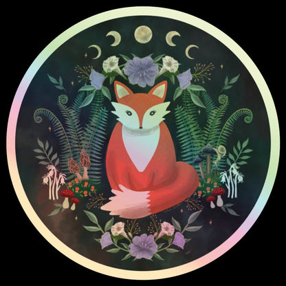 Woodland Fox Holographic Sticker | Moon Phases, Mystical Forest Art, Celestial Nature Lover