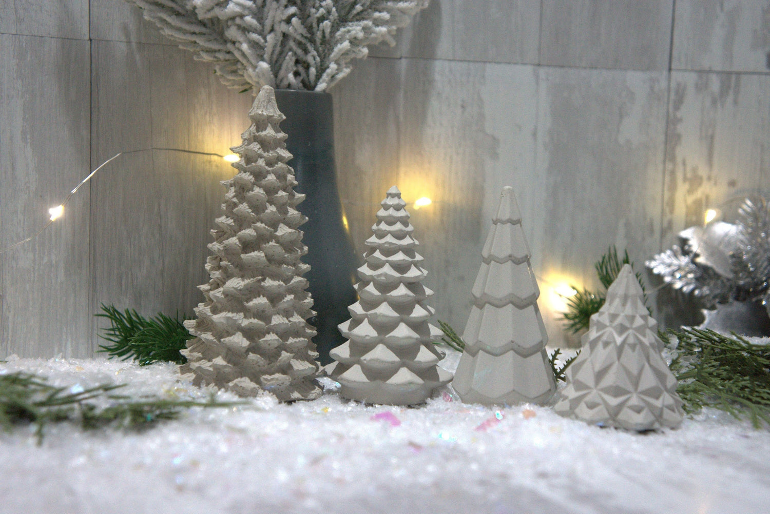 Concrete Christmas Tree Decor | Minimalist Modern Holiday Mantel Decor | Geometric Cement Trees | Neutral Industrial Tabletop Winter Decor