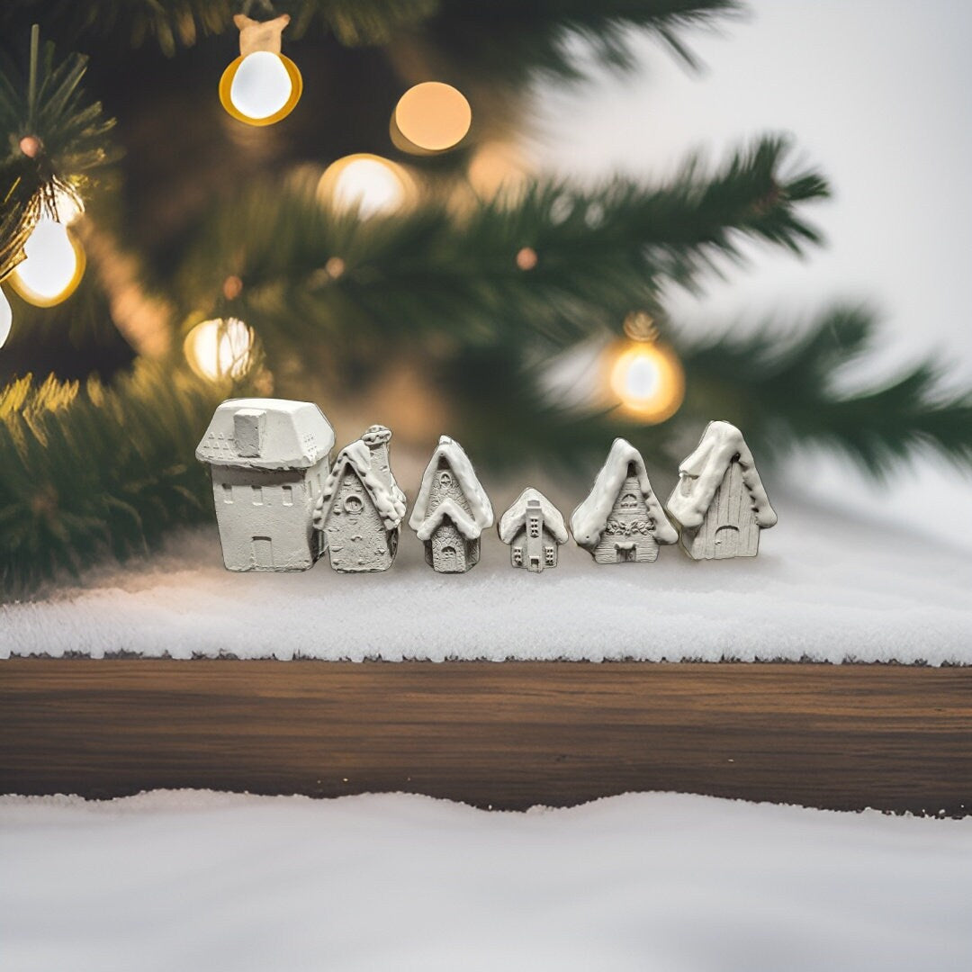 Mini Concrete Christmas Village, Set of 6 Miniature Houses, Natural Concrete Paintable DIY Kit, Silver Village Decor, Mantel Holiday Display