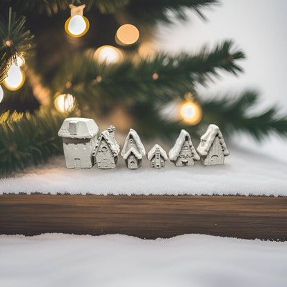 Mini Concrete Christmas Village, Set of 6 Miniature Houses, Natural Concrete Paintable DIY Kit, Silver Village Decor, Mantel Holiday Display