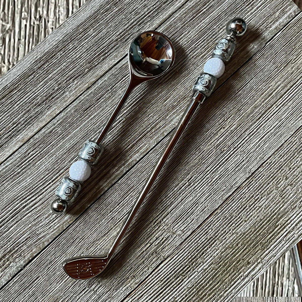 Golf Dip Knife - fun golfer gift, featuring a golf ball and silver bead handle, perfect for charcuterie boards, and includes a small spoon and stirrer.