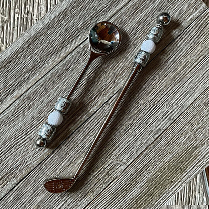Golf Dip Knife - fun golfer gift, featuring a golf ball and silver bead handle, perfect for charcuterie boards, and includes a small spoon and stirrer.