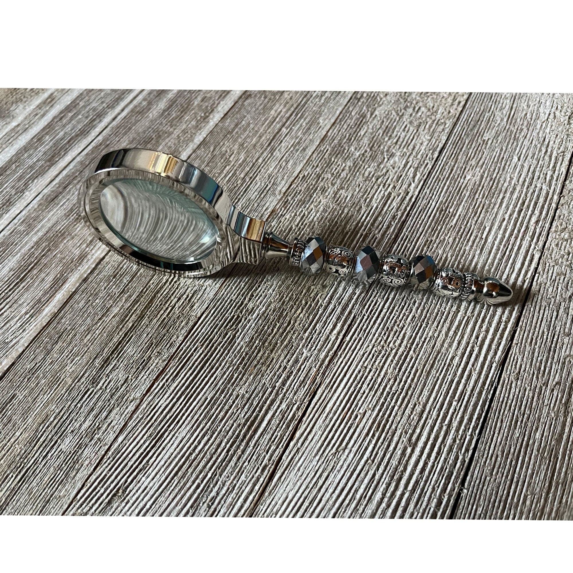 Silver Desk Set with Magnifying Glass and Letter Opener - Detailed view of the elegant silver faceted bead handle on the magnifying glass.