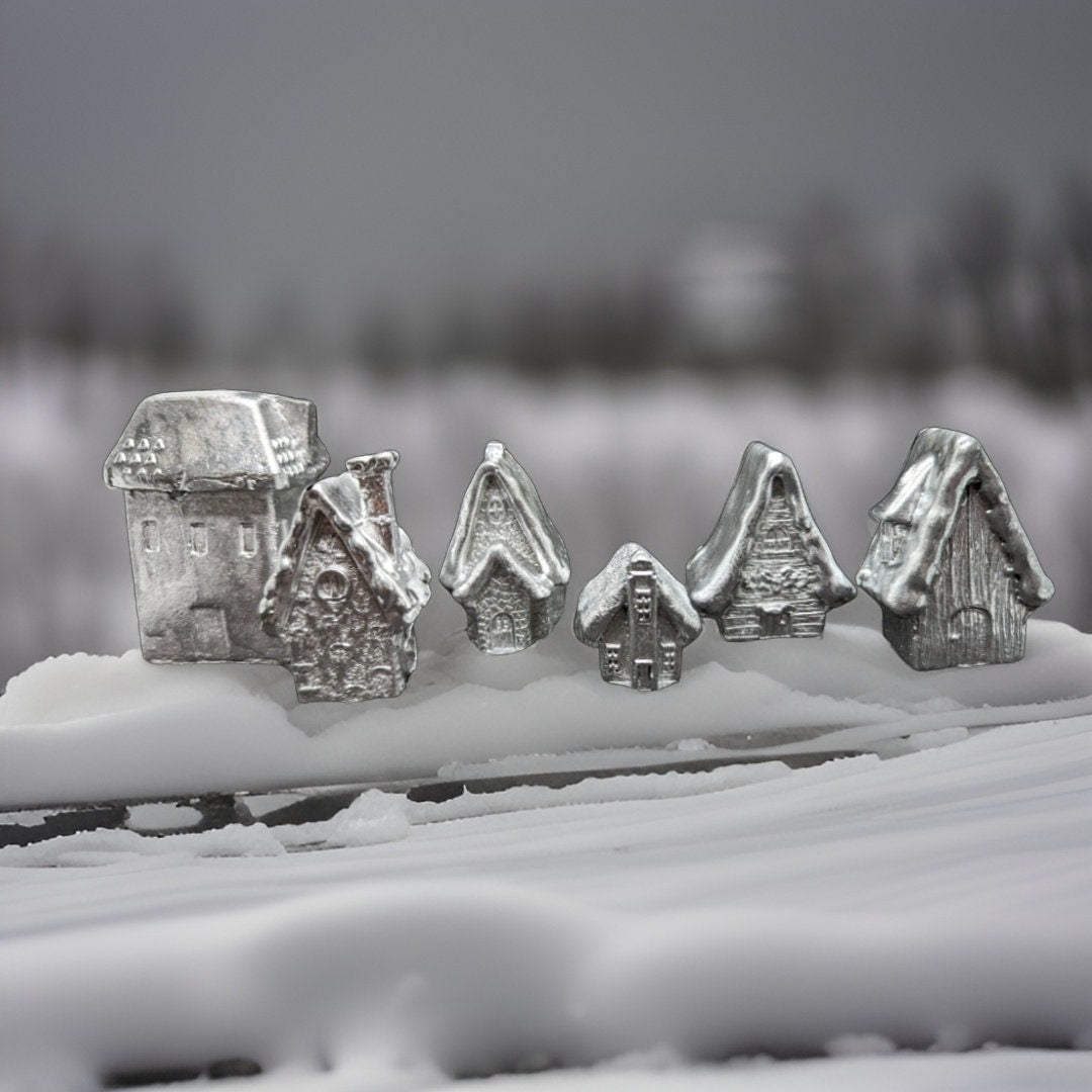 Mini Concrete Christmas Village, Set of 6 Miniature Houses, Natural Concrete Paintable DIY Kit, Silver Village Decor, Mantel Holiday Display