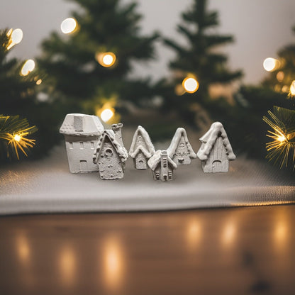 Mini Concrete Christmas Village, Set of 6 Miniature Houses, Natural Concrete Paintable DIY Kit, Silver Village Decor, Mantel Holiday Display