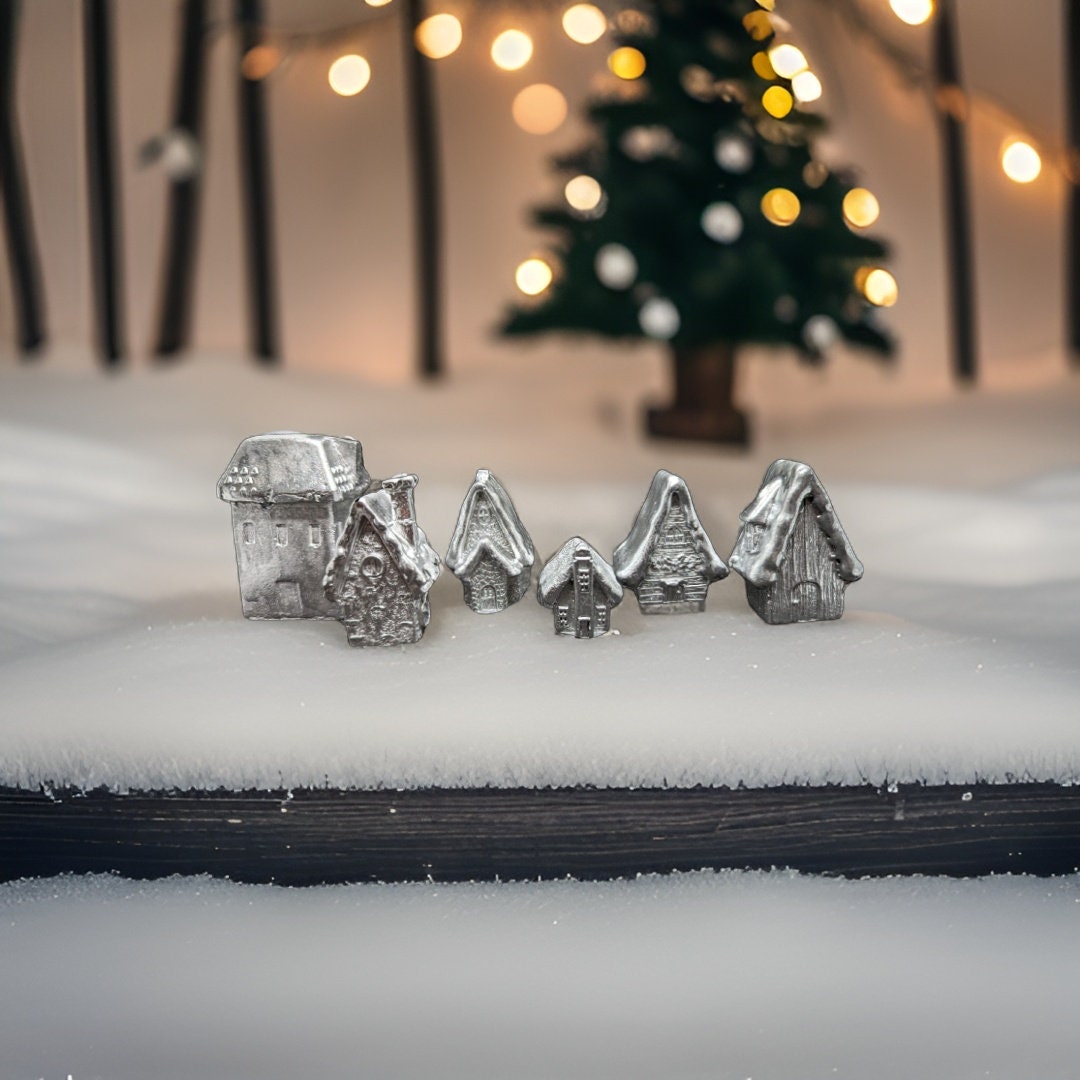 Mini Concrete Christmas Village, Set of 6 Miniature Houses, Natural Concrete Paintable DIY Kit, Silver Village Decor, Mantel Holiday Display