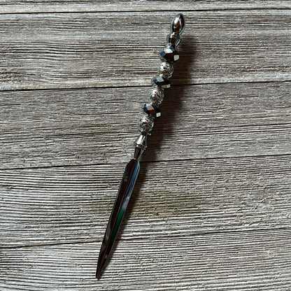 Silver Desk Set with Magnifying Glass and Letter Opener - Detailed view of magnifying glass and letter opener with art glass beads.