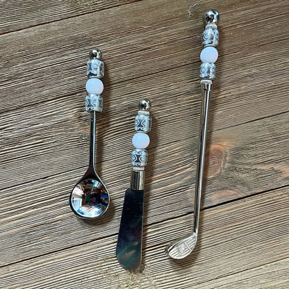 Golf Dip Knife - fun golfer gift, showcasing handmade golf ball stir sticks alongside the knife, ideal for cocktail parties.