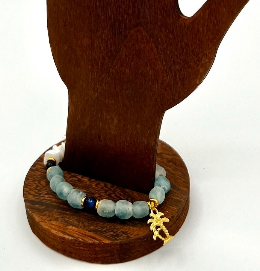 Recycled Seaglass Bracelet, Lapis Puka Palm Charm