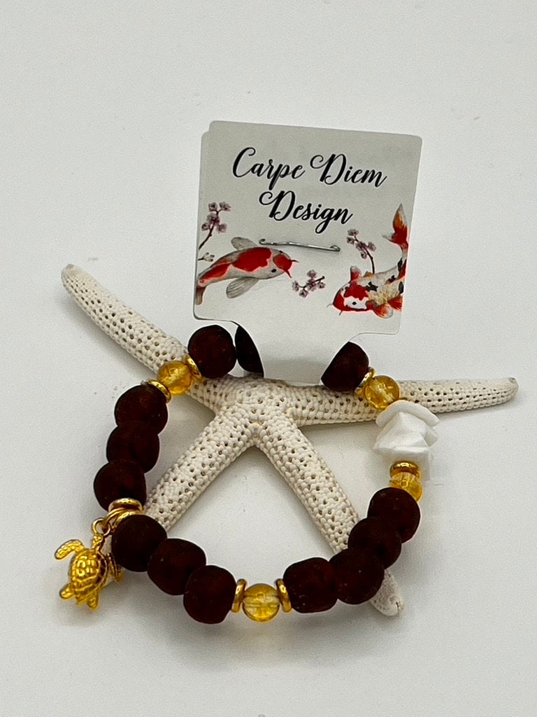 Recycled Seaglass Bracelet, Tortoise Shell Puka Turtle