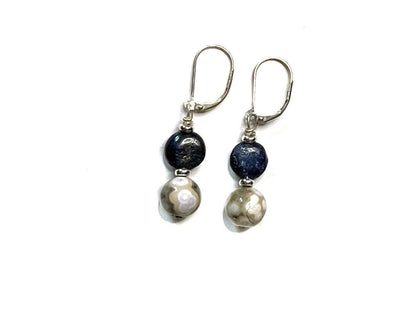 Rare Orbicular Jasper and Lapis Lazuli stone earrings, artisan-designed and handcrafted, perfect for minimalist style and spiritual jewelry gift.