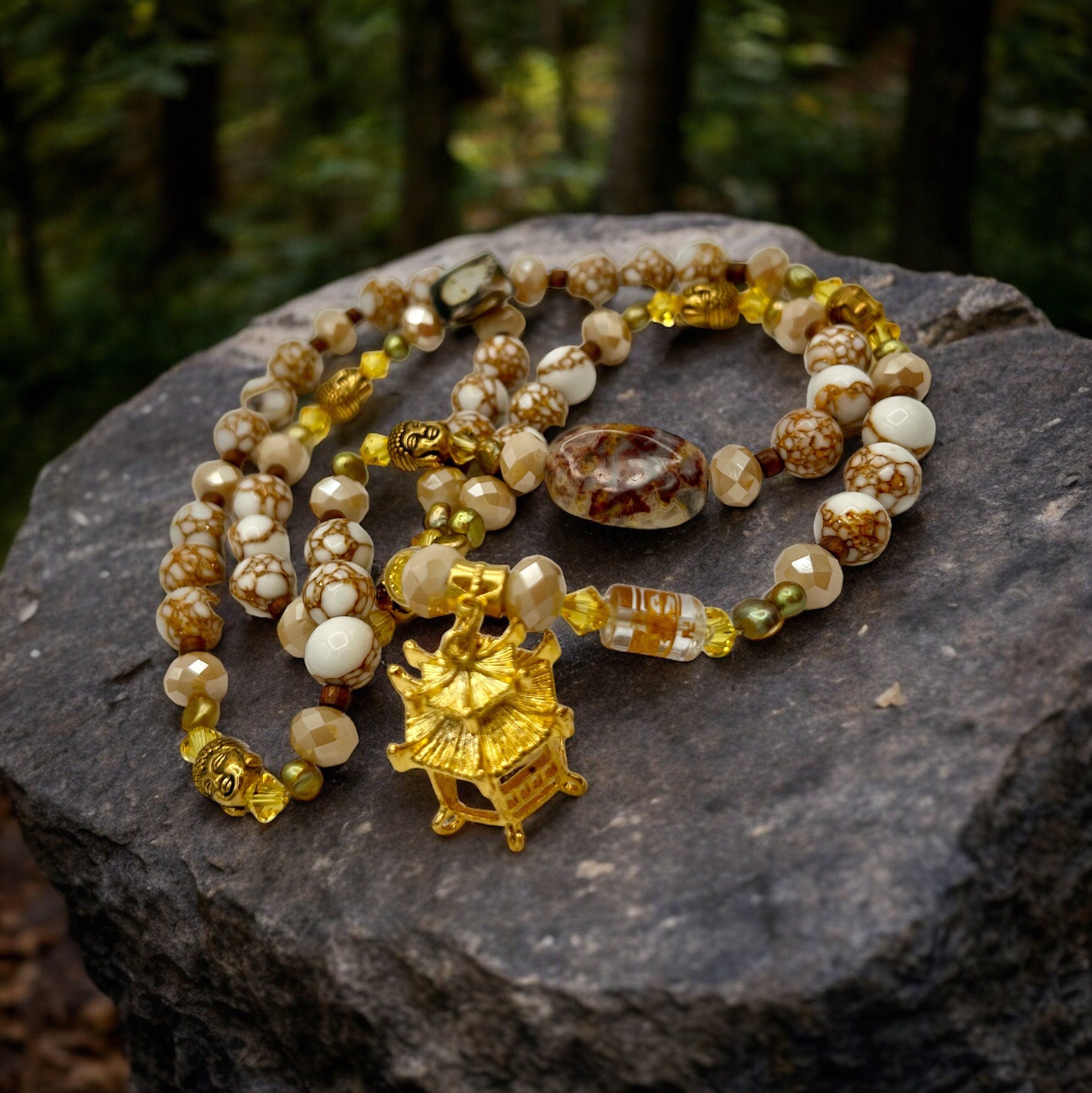 Extra Long Gemstone Necklace, Howlite Fire Agate Buddha Beads, 35\&amp;quot;