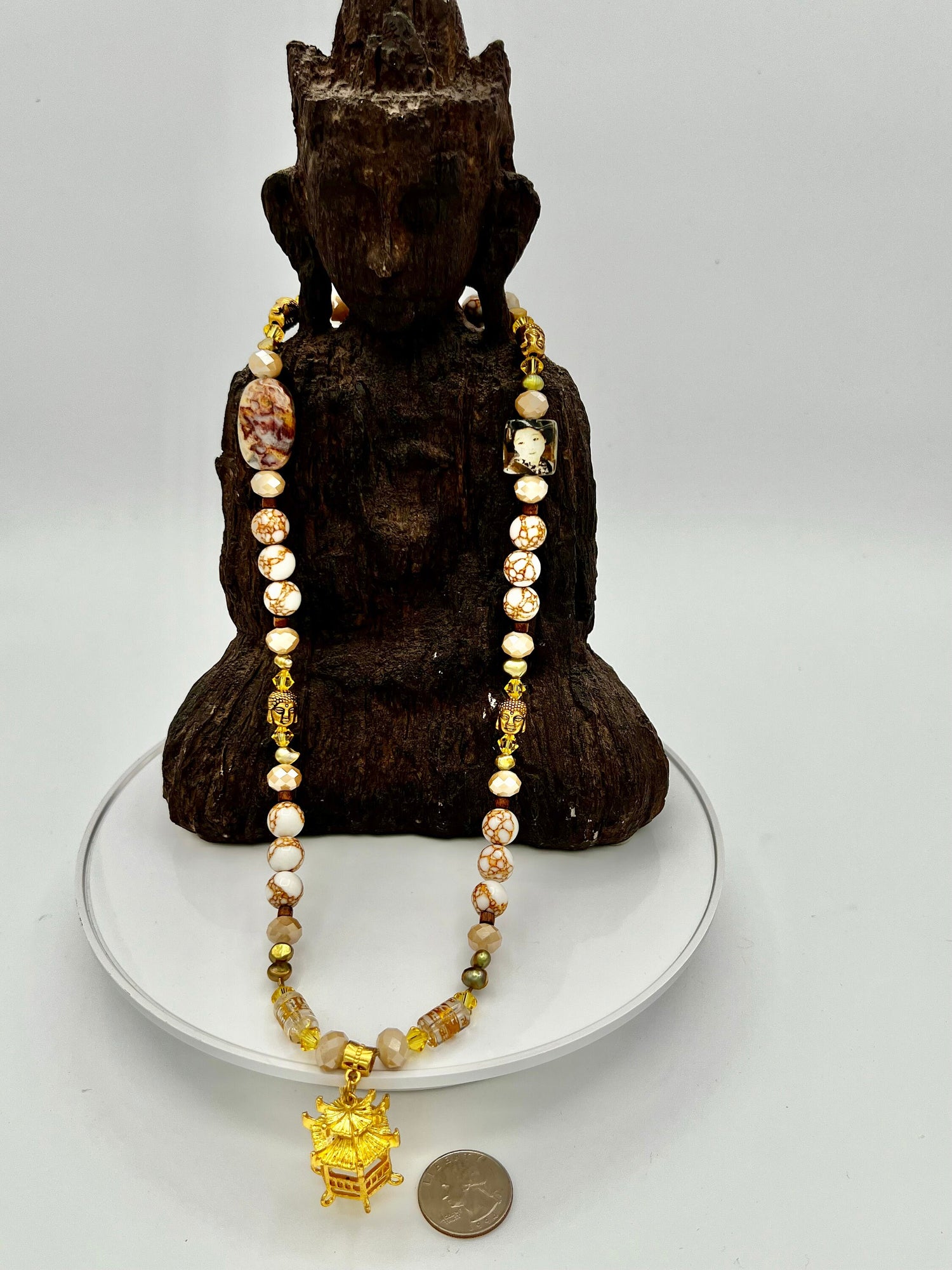 Extra Long Gemstone Necklace, Howlite Fire Agate Buddha Beads, 35\&amp;quot;