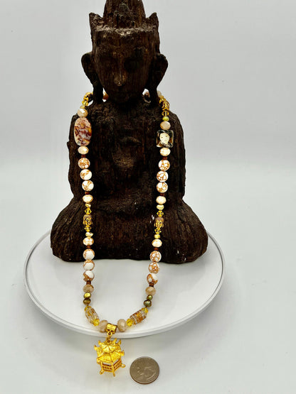 Extra Long Gemstone Necklace, Howlite Fire Agate Buddha Beads, 35\&amp;quot;