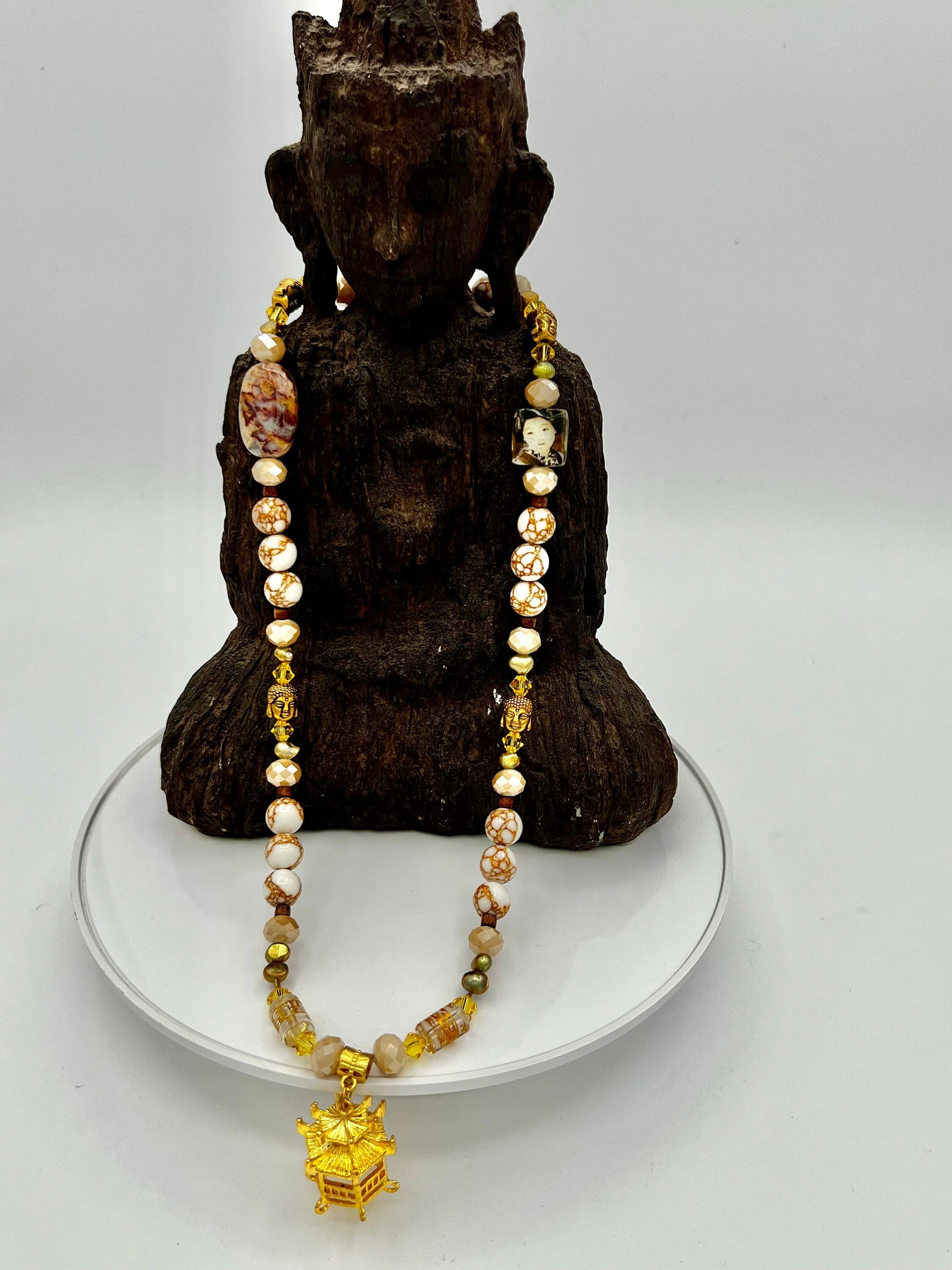 Extra Long Gemstone Necklace, Howlite Fire Agate Buddha Beads, 35\&amp;quot;