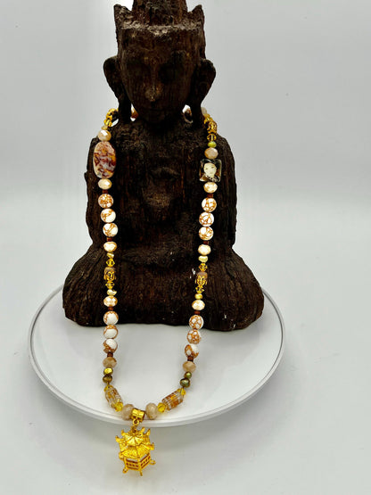 Extra Long Gemstone Necklace, Howlite Fire Agate Buddha Beads, 35\&amp;quot;