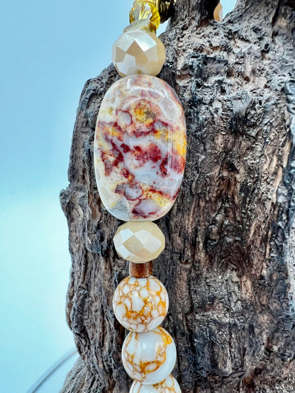 Extra Long Gemstone Necklace, Howlite Fire Agate Buddha Beads, 35\&amp;quot;