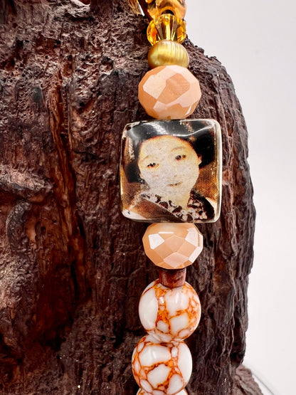 Extra Long Gemstone Necklace, Howlite Fire Agate Buddha Beads, 35\&amp;quot;