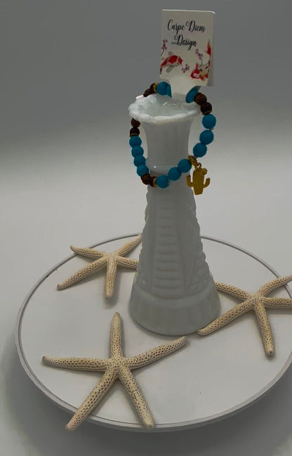 Turquoise Beaded Bracelet, Cactus Charm Desert Style