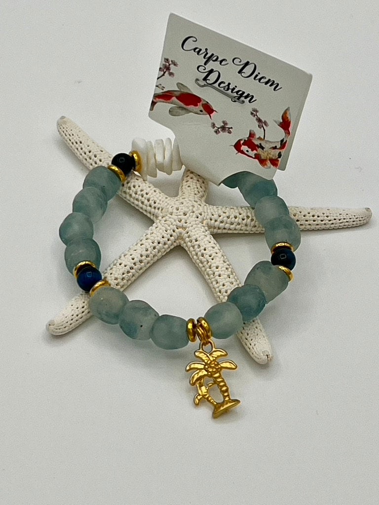 Recycled Seaglass Bracelet, Lapis Puka Palm Charm