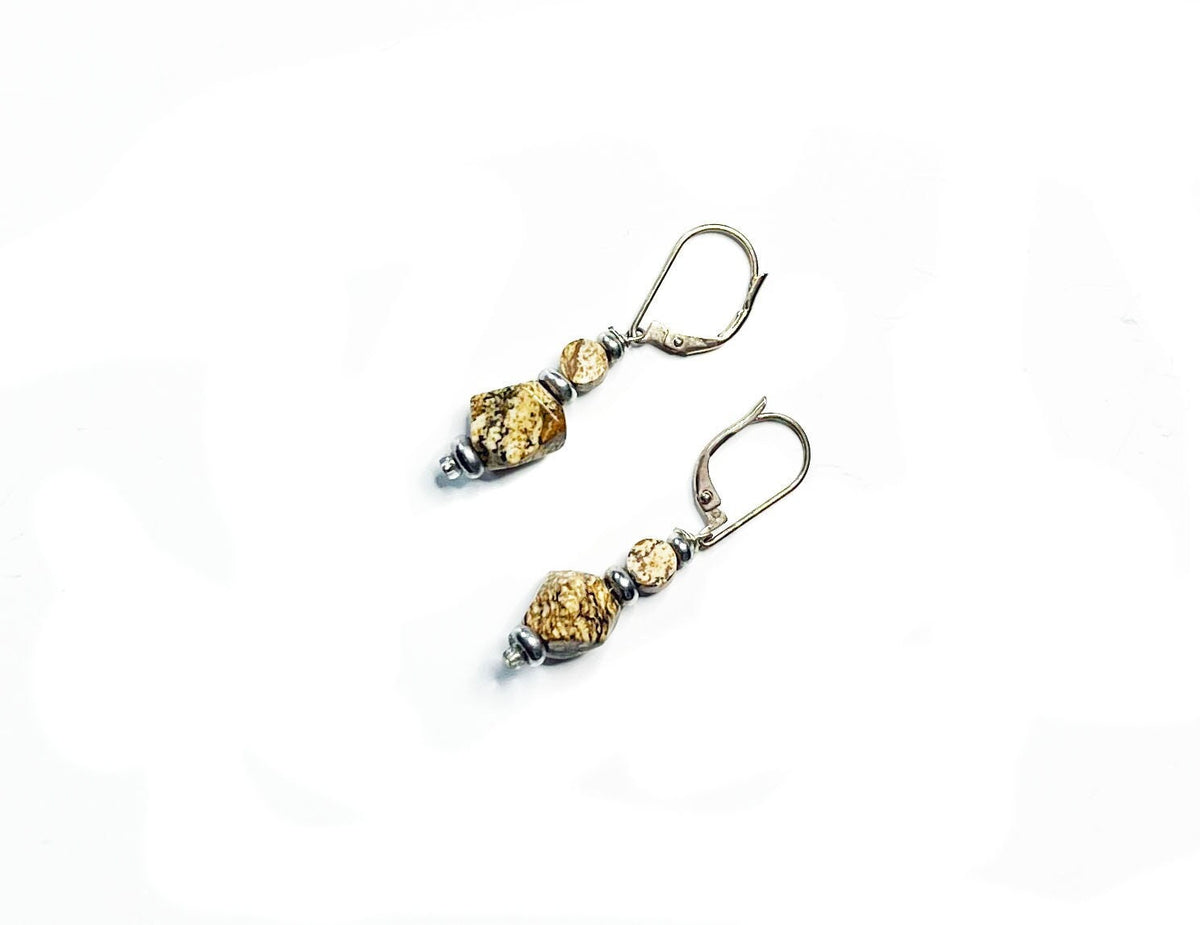 Jewelry Gift for Minimalist - Tan Jasper Earrings featuring artisan-crafted geometric design and sterling silver lever-back earwires.
