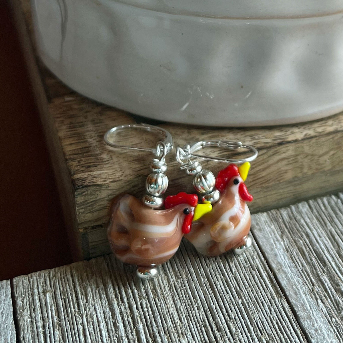 Brown lampwork glass chicken earrings gift that is egg stra ordinary - unique farm aesthetic bird jewelry for a mother clucker.