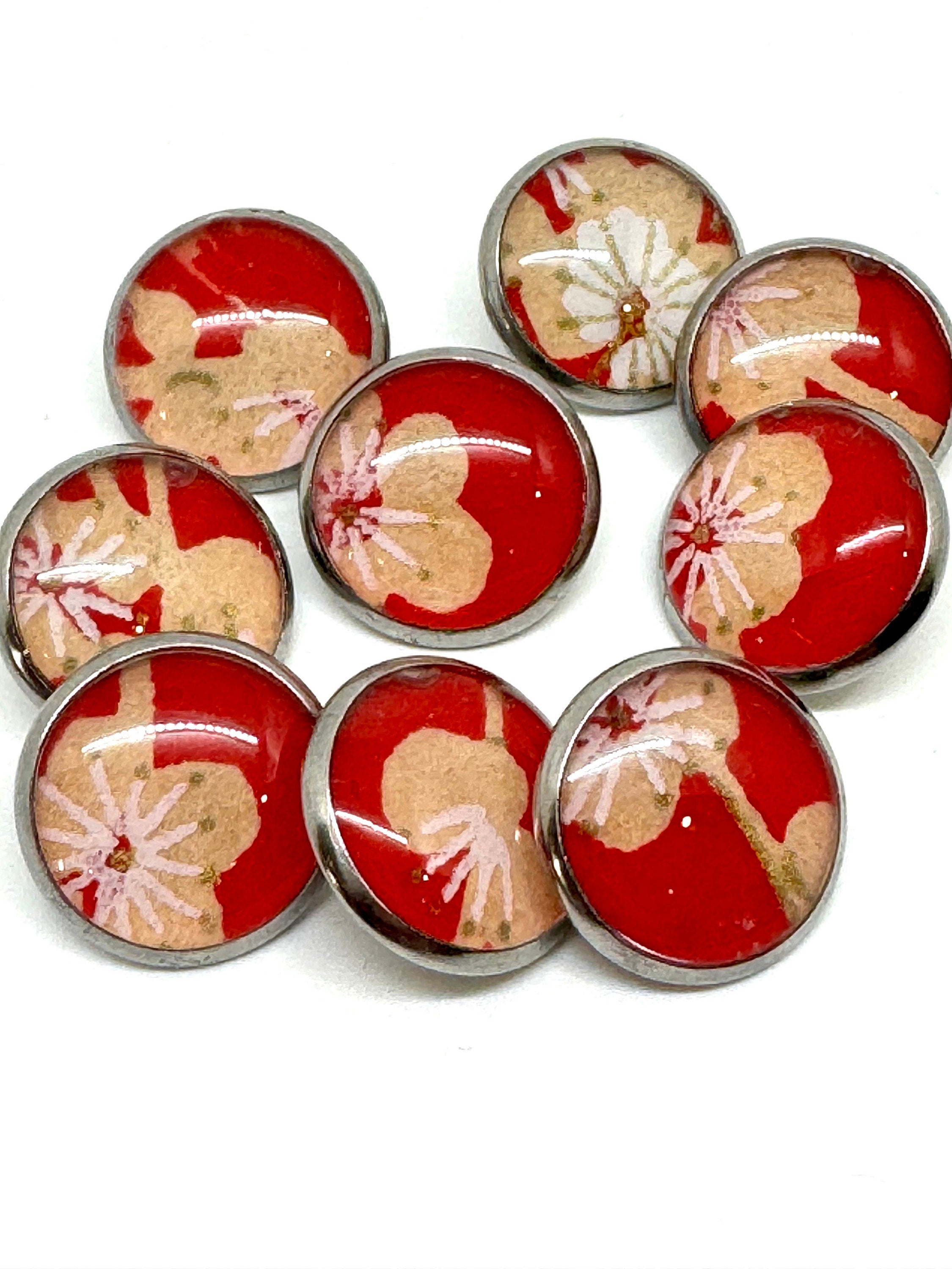 Small Round Buttons - Cream Flowers on Bright Red Background - 12mm