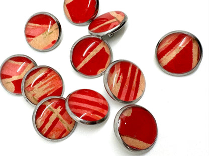 Small Round Buttons - Cream Flowers on Bright Red Background - 12mm