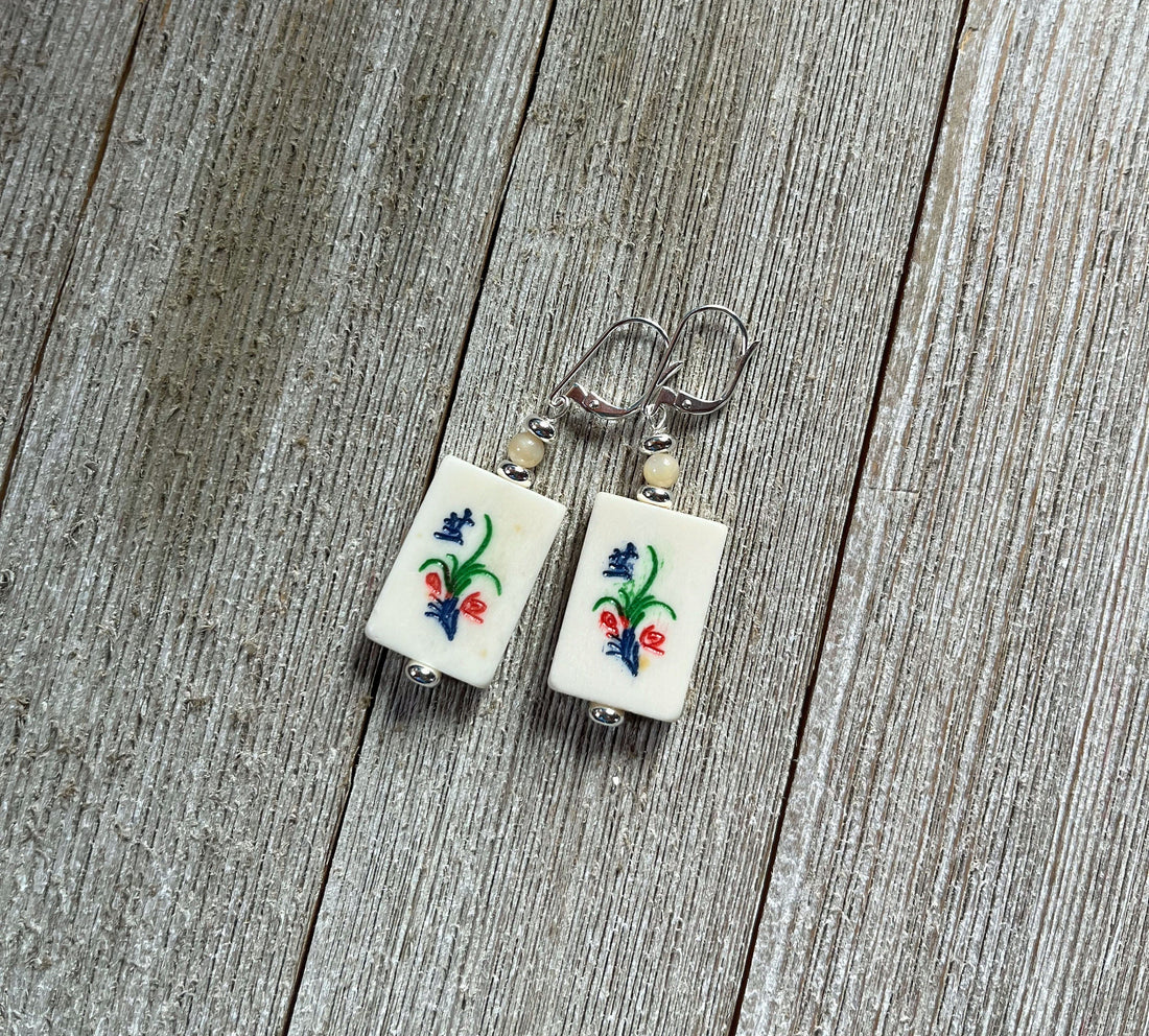 Mahjong Tile Earrings featuring flower bonus design, perfect gift for Mahjong players and moms.