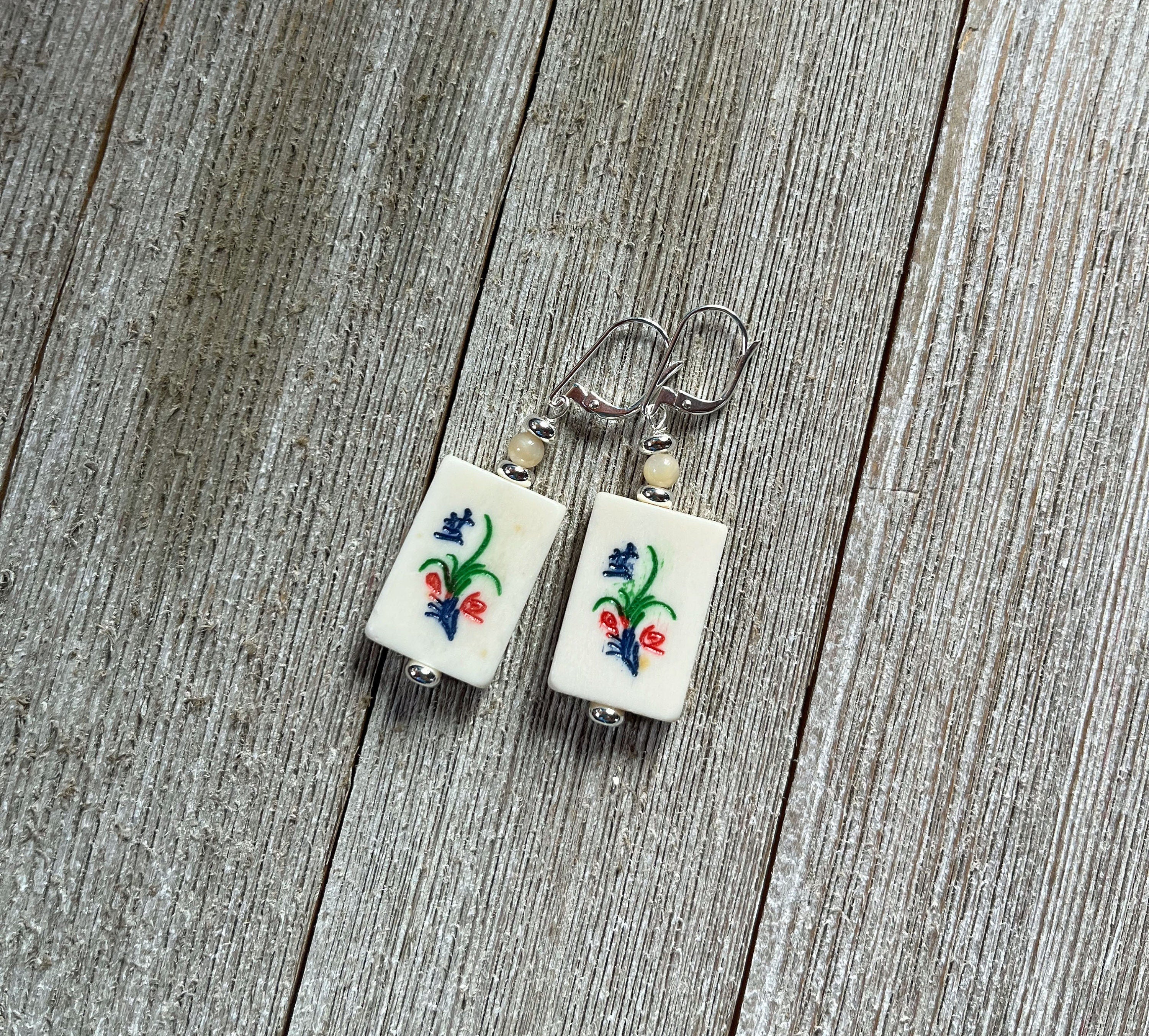 Mahjong Tile Earrings featuring flower bonus design, perfect gift for Mahjong players and moms.