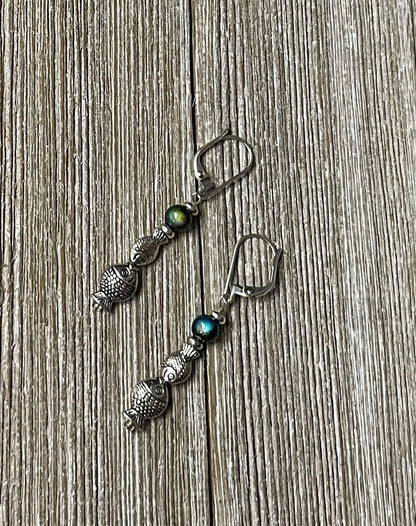 Color Changing Fish Dangle Earrings featuring vibrant fish designs under a mood bead, perfect ocean lover gift by Gwynstone Handmade.