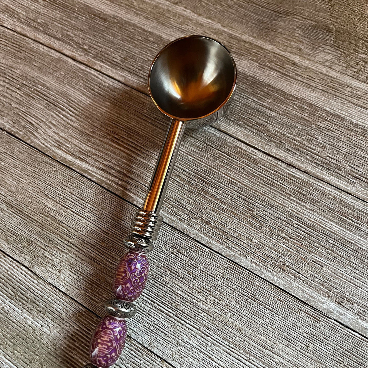 Beaded Coffee Scoop featuring color-changing mood beads, ideal for measuring herbs, bath salts, coffee, and loose tea with a deep bowl design.