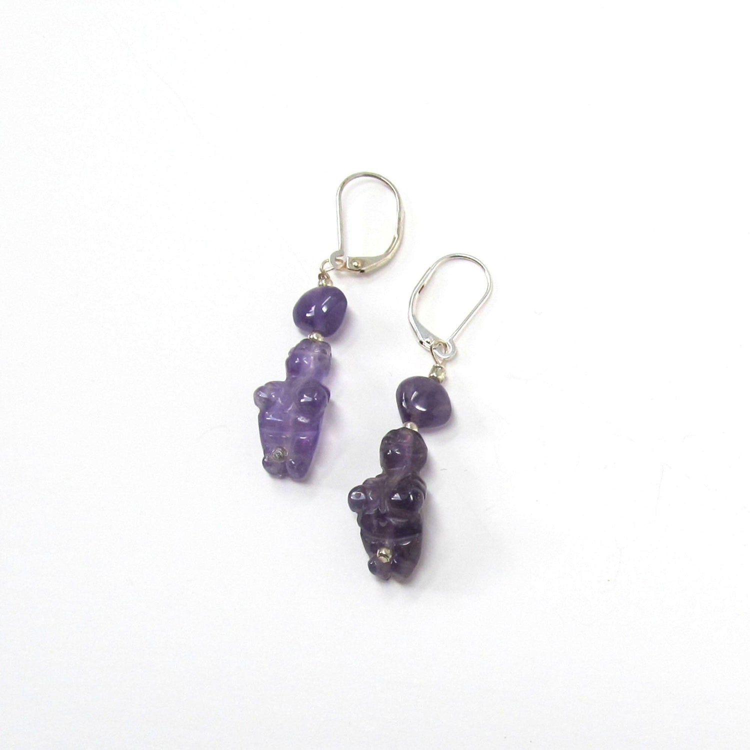 Close-up of Purple Stone Venus Earrings, carved earrings inspired by the Goddess of Willendorf, perfect symbolic jewelry gift for women with zen aesthetic.