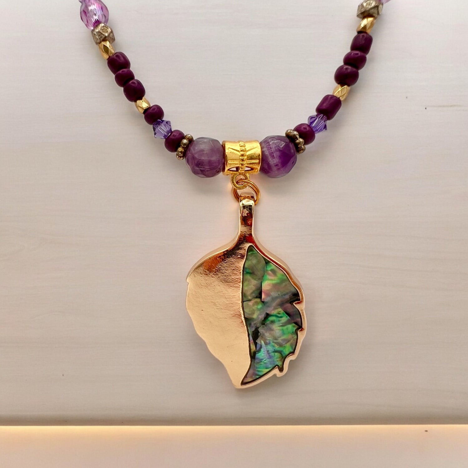 Czech Crystal Necklace, Purple Gold Leaf Pendant