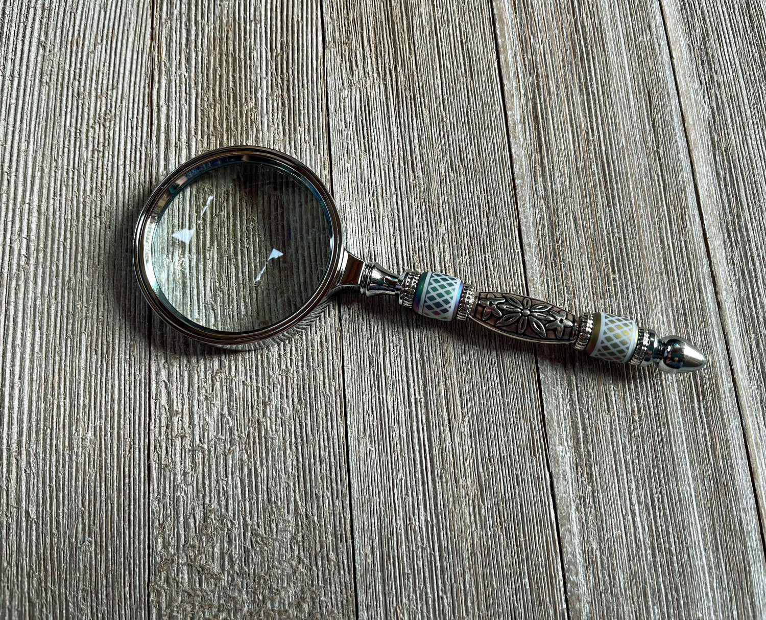 Eye Catching Gift - Shimmering Bead Handed Magnifier with silver beads and rainbow accents, perfect as a hippie gift or unique gift for friend.