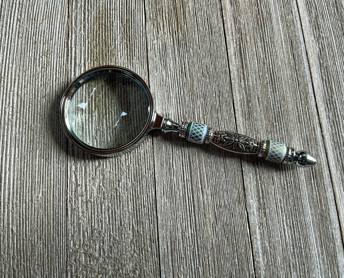 Eye Catching Gift - Shimmering Bead Handed Magnifier with silver beads and rainbow accents, perfect as a hippie gift or unique gift for friend.