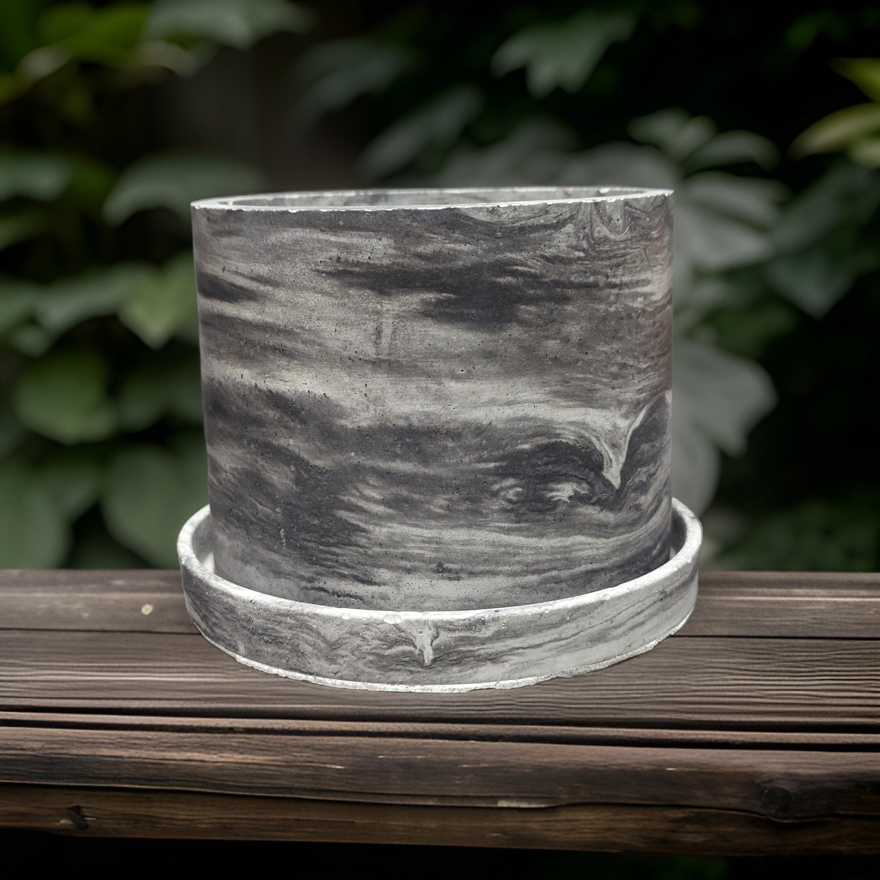6 Inch Marble Concrete Planter with Drainage Tray | Modern Industrial Round Pot | Minimalist Hand-Poured Cement Plant Pot