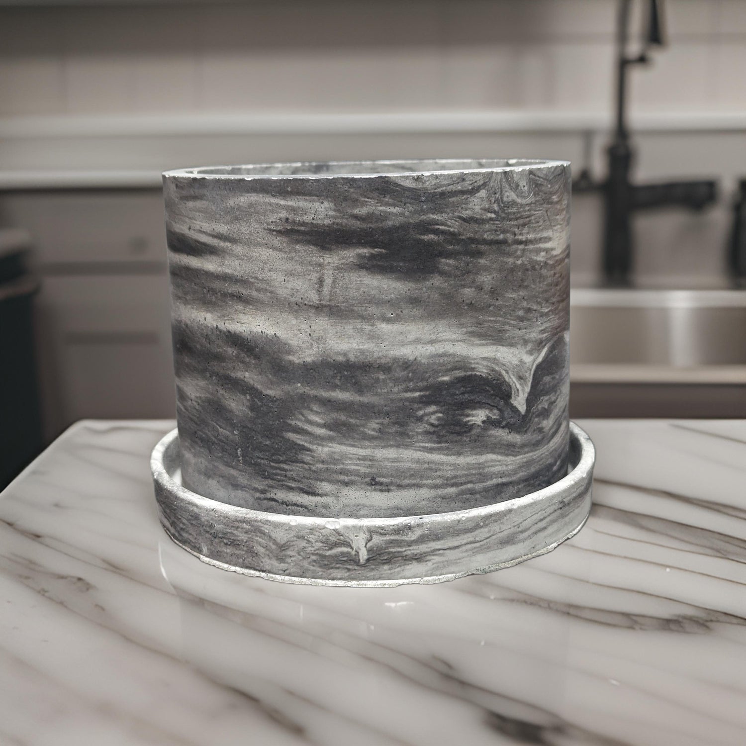 6 Inch Marble Concrete Planter with Drainage Tray | Modern Industrial Round Pot | Minimalist Hand-Poured Cement Plant Pot