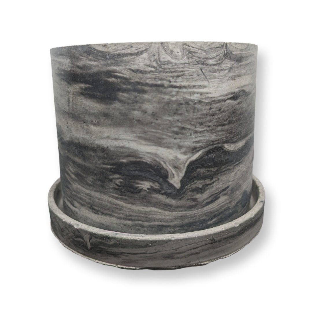6 Inch Marble Concrete Planter with Drainage Tray | Modern Industrial Round Pot | Minimalist Hand-Poured Cement Plant Pot