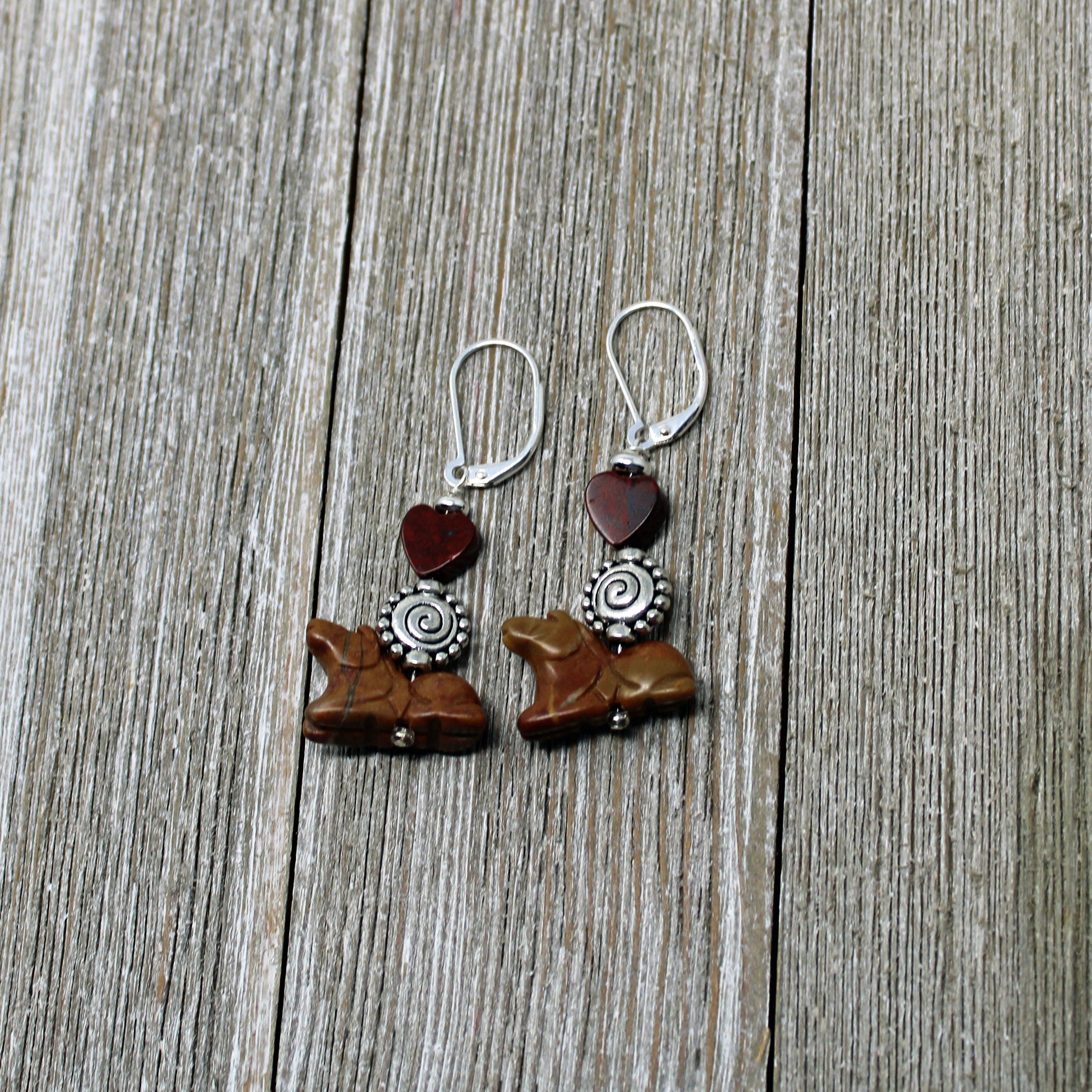 Close-up of Horse Jewelry for Woman - handmade jasper pony earrings with sterling silver ear wires, a thoughtful equestrian gift.