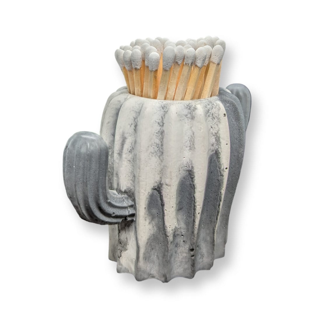 Concrete Cactus Match Holder with Bottom Striker Pad, Saguaro Match Cloche, Hand-poured Cement Pot, Desert Decor Matchstick Storage