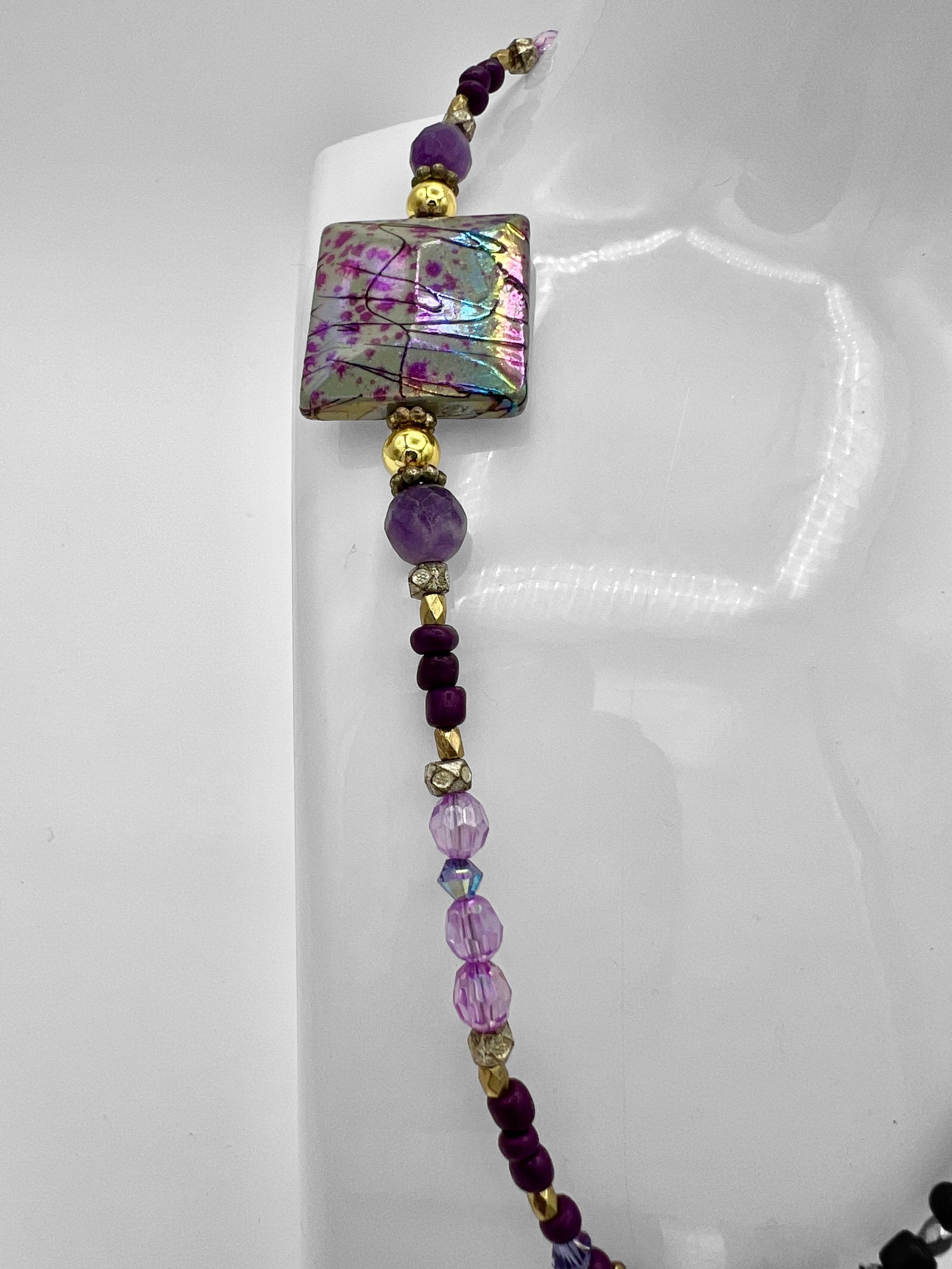 Czech Crystal Necklace, Purple Gold Leaf Pendant
