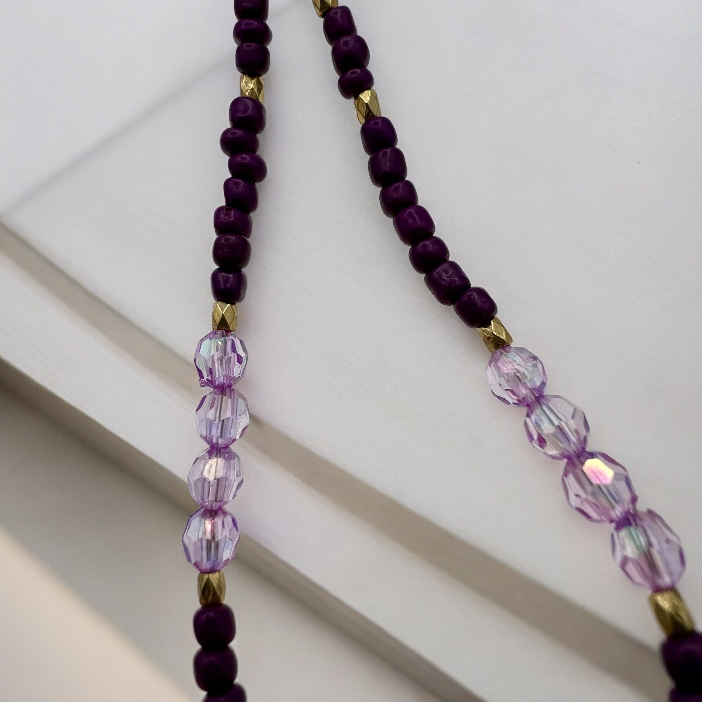 Czech Crystal Necklace, Purple Gold Leaf Pendant