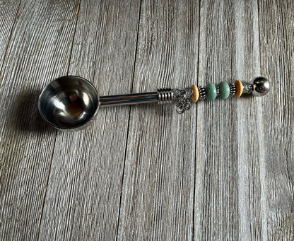 Zen Gift Deep Bowl Spoon - Herb Scoop, showcasing the elegant design with a beaded handle and namaste charm, perfect for herbs and supplements.