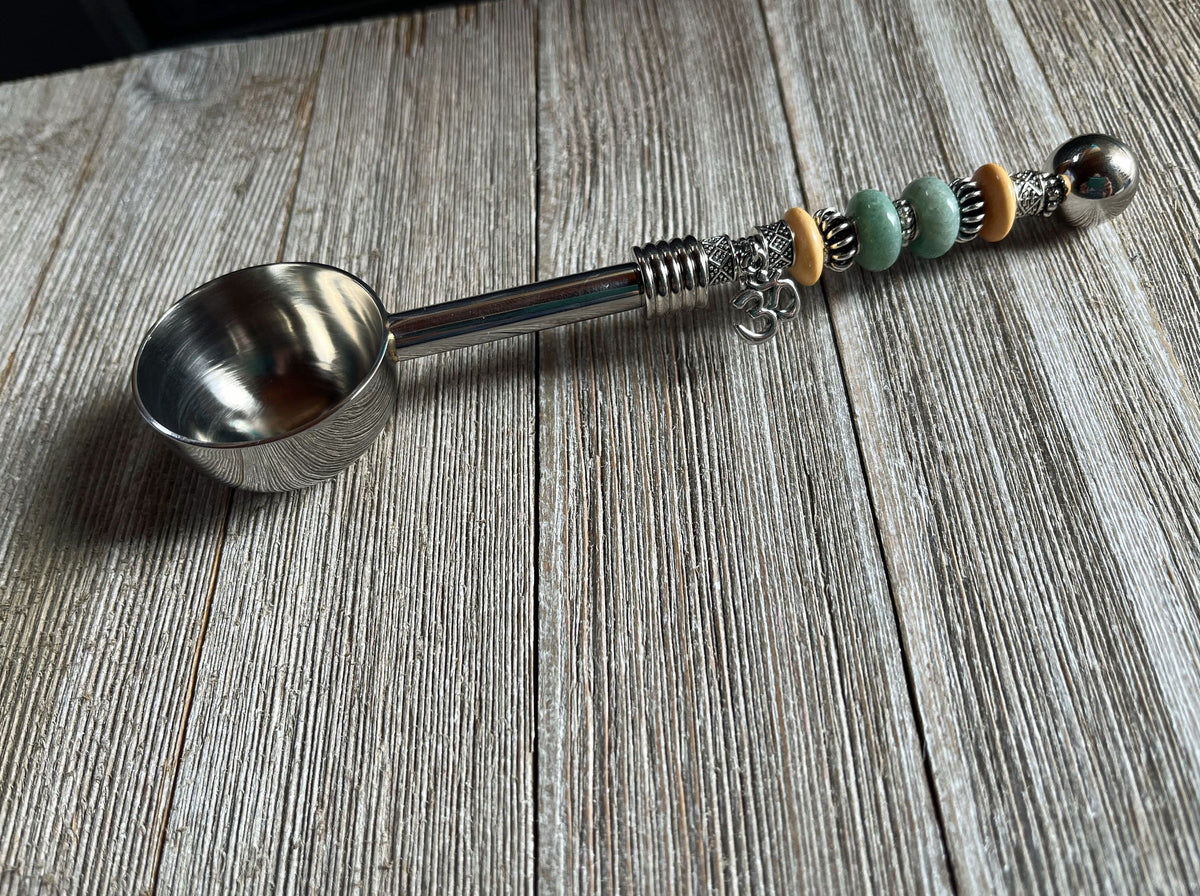 Zen Gift Deep Bowl Spoon - Herb Scoop with namaste charm beaded handle, perfect for measuring coffee or tea.