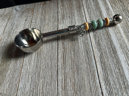 Zen Gift Deep Bowl Spoon - Herb Scoop with namaste charm beaded handle, perfect for measuring coffee or tea.
