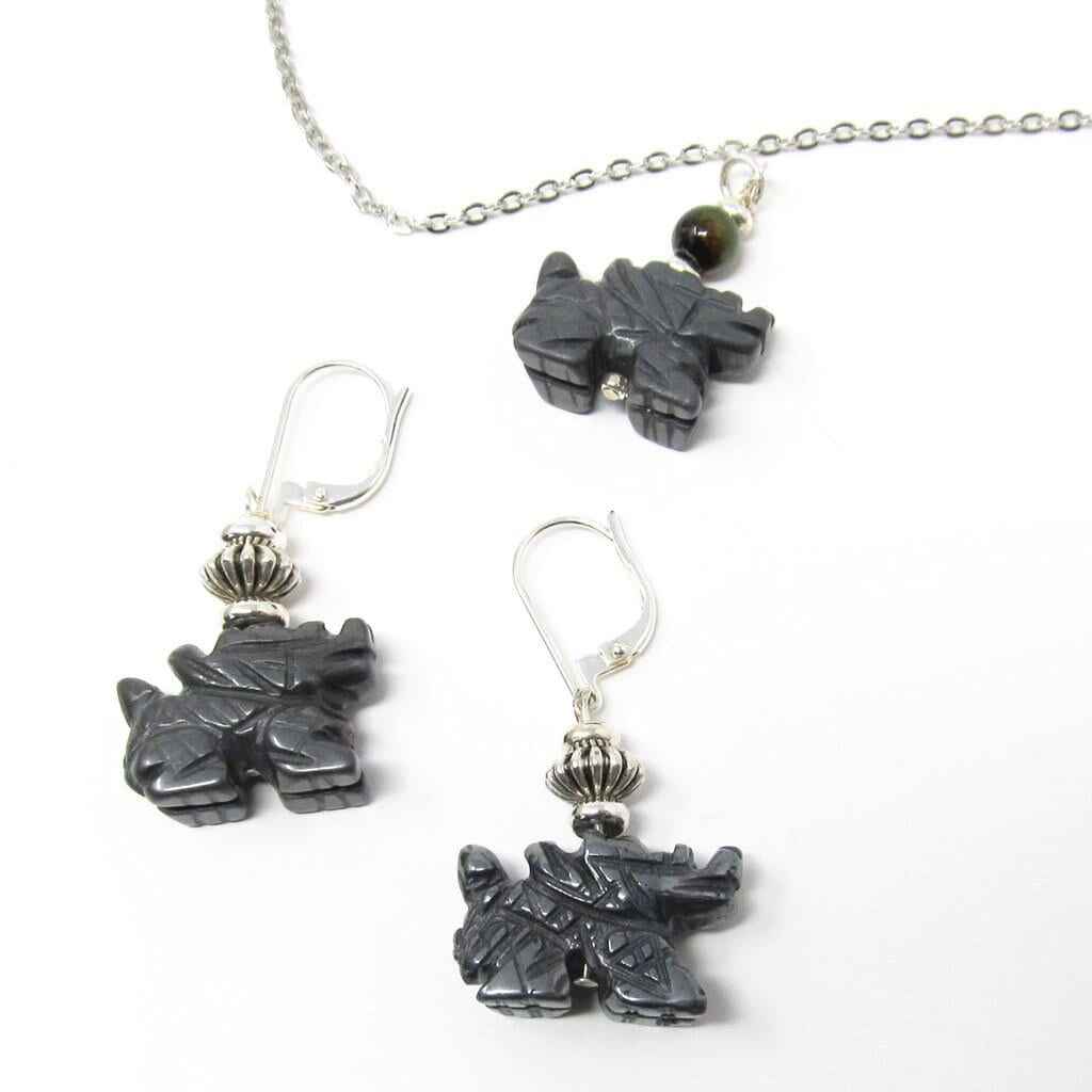 Fantasy Themed Jewelry - Carved Black Hematite Dragon Earrings &amp; Necklace Set, Unique Gamer Gift